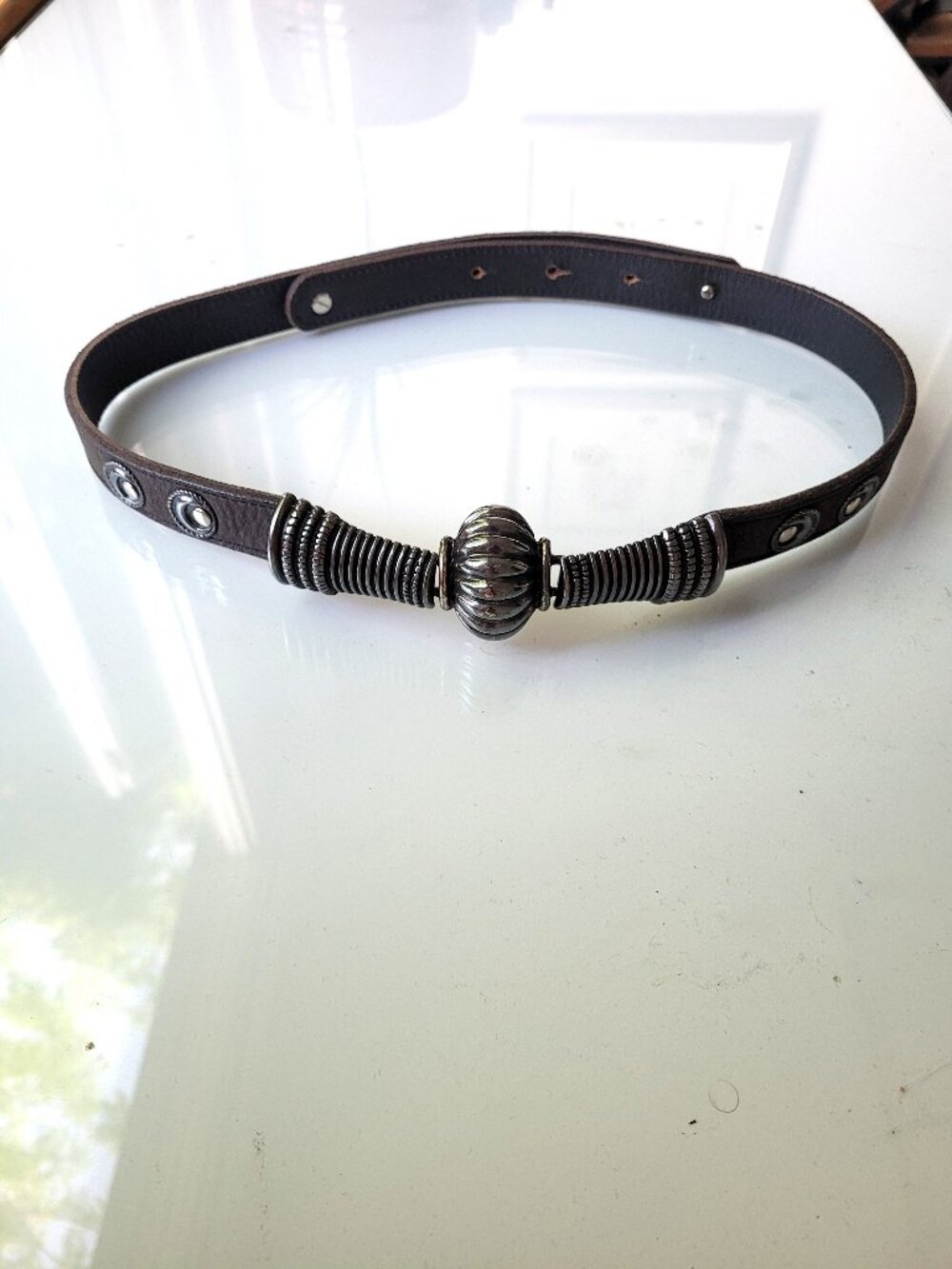Vintage Women's Black Leather Boho Belt with Ornate Silver Buckle Size M